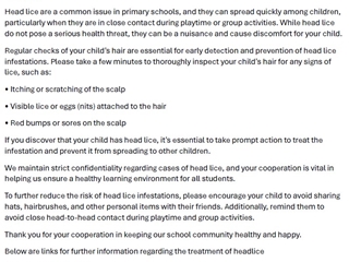 Head lice reminder February 2025